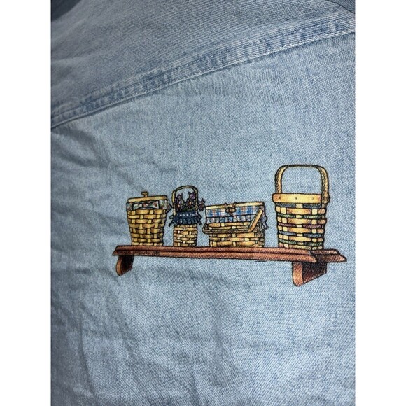 90s Real Good Denim Sport Shirt XL Made in Hong Kong Basket Embroidery Cottage - Picture 6 of 8
